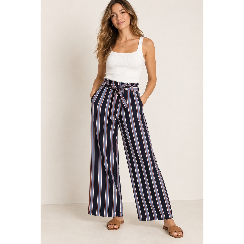 Ann Taylor Factory Women XS Navy Blue Striped Paperbag Waist Wide Leg Pants Tie